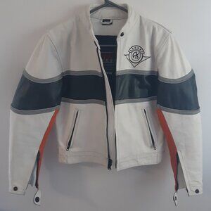 AKOURY Genuine Leather Jacket Look Moto Racing XS Unisex White, Orange and Black